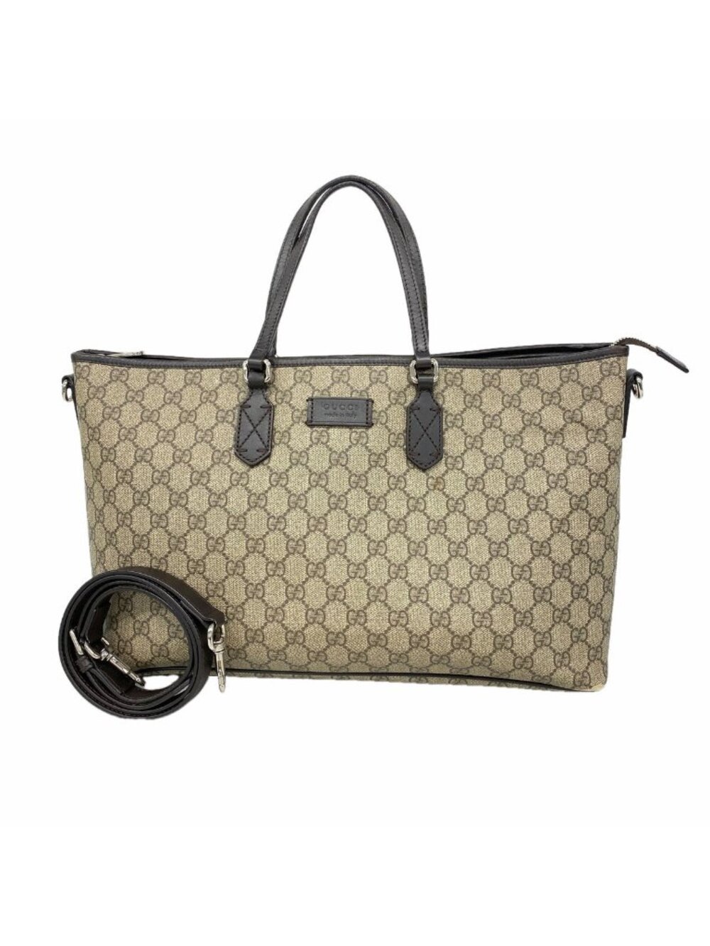 Gucci Tote Bag GG Supreme Beige Brown Silver 2-Way